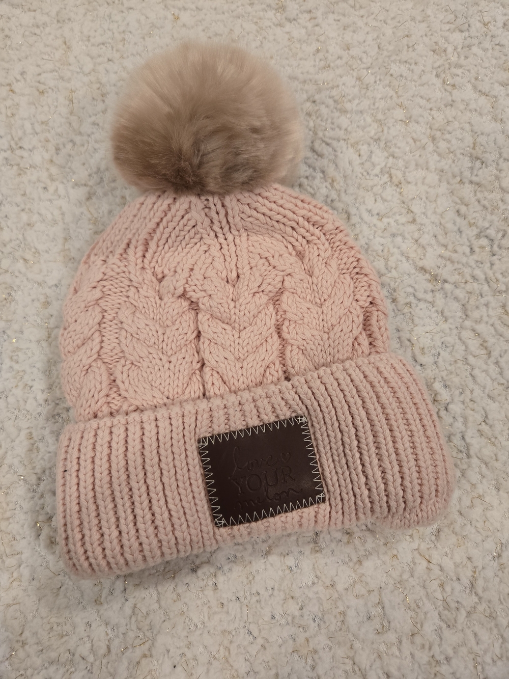 Love Your Melon Blush Pink Cable Knit Beanie with Faux Fur Pom